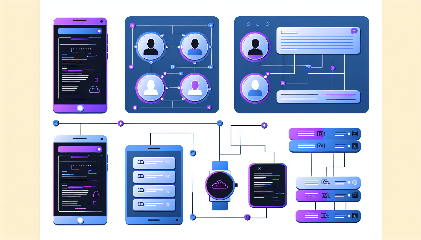 Minimalist flat design showing interconnected mobile devices with glowing device ID nodes and data flow