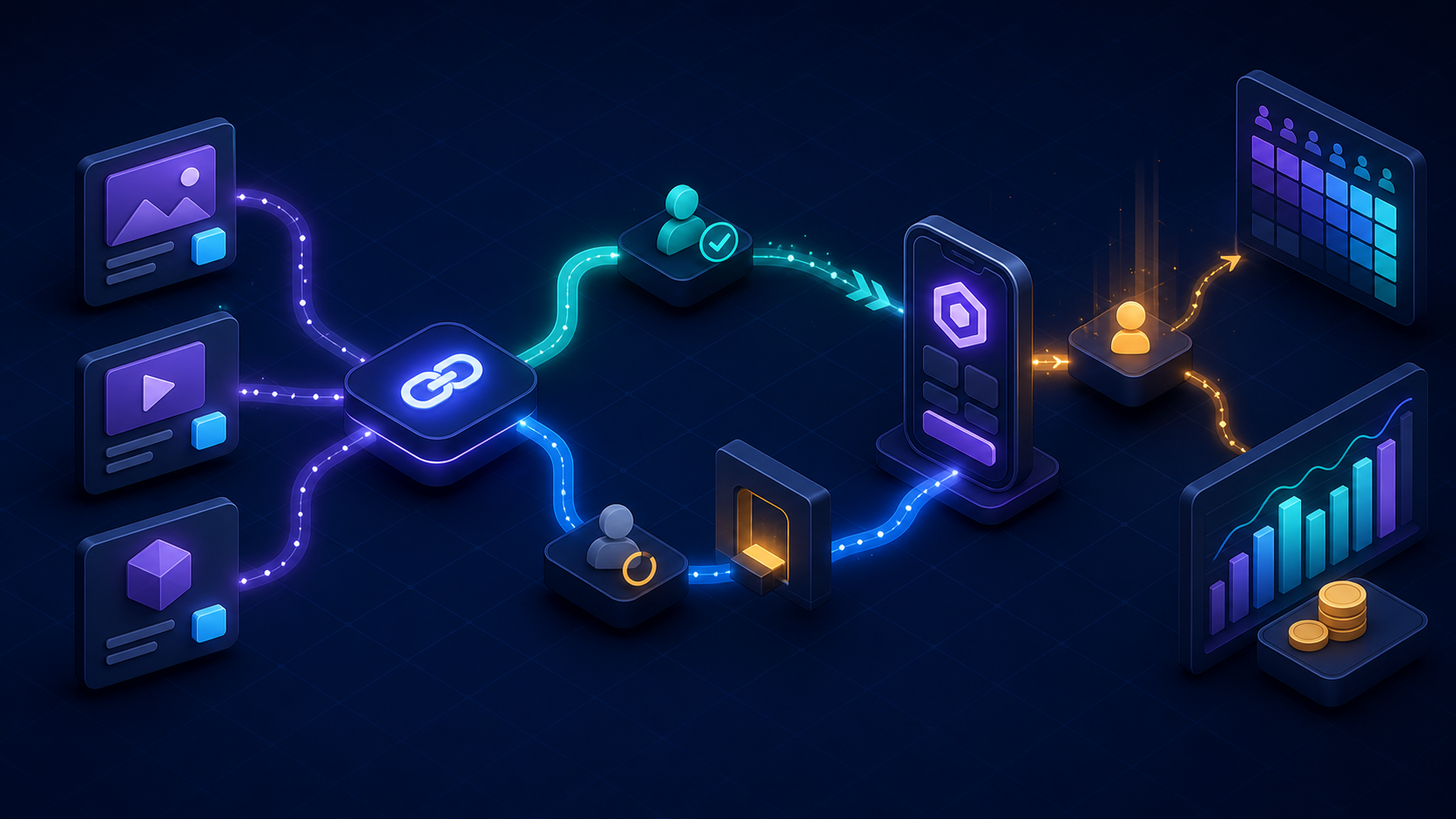 A measured mobile promotion loop connecting creative, deep-linked destinations, activation, and cohort results