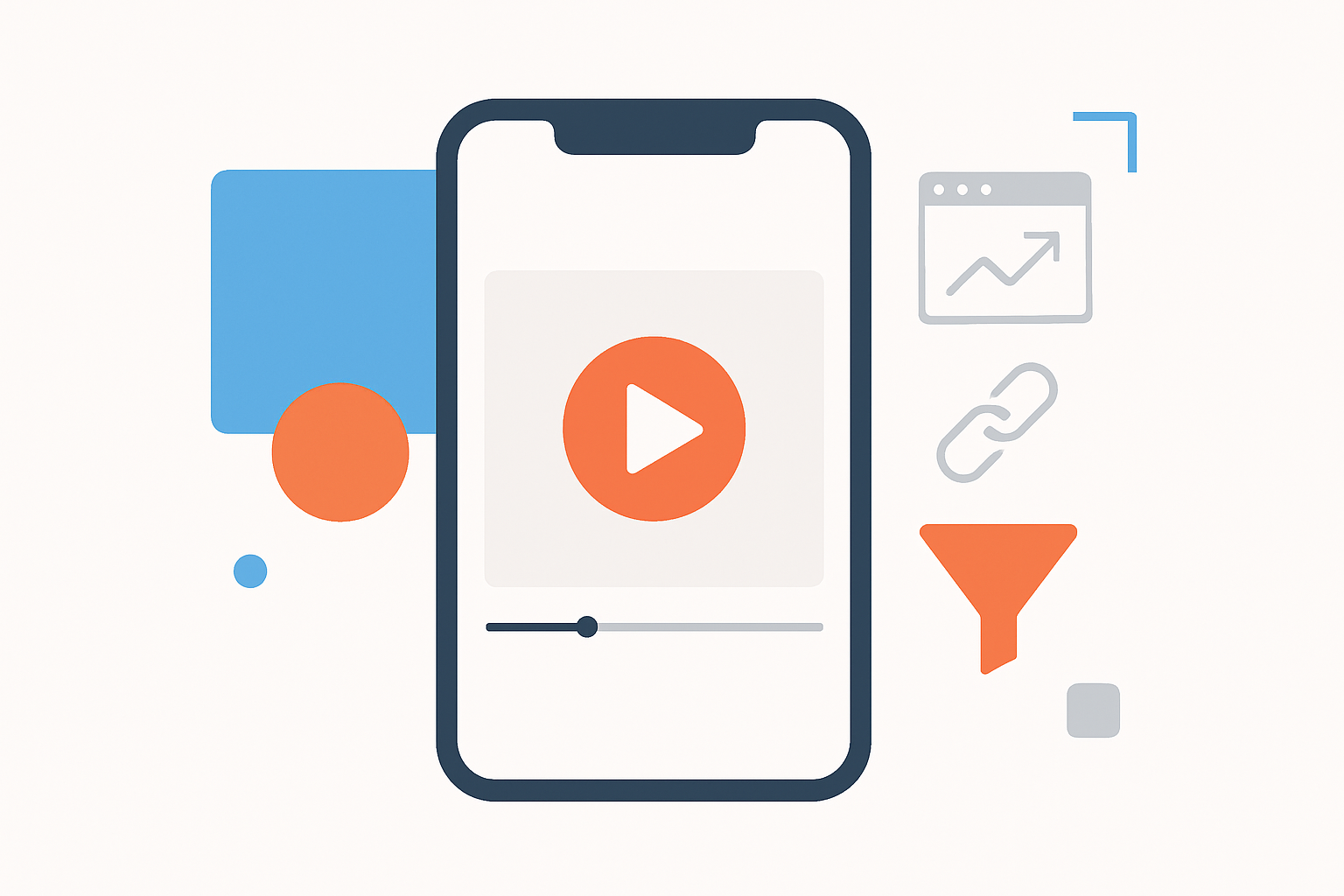Mobile phone with in-stream video player and attribution analytics icons in flat design style