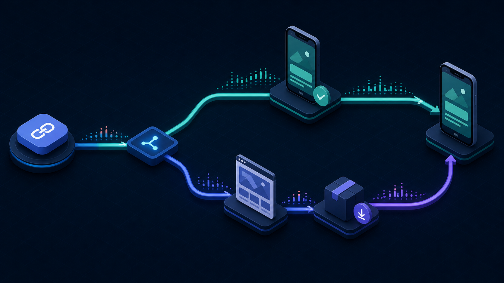 A resilient link routes installed users directly and preserves intent through web and install fallbacks