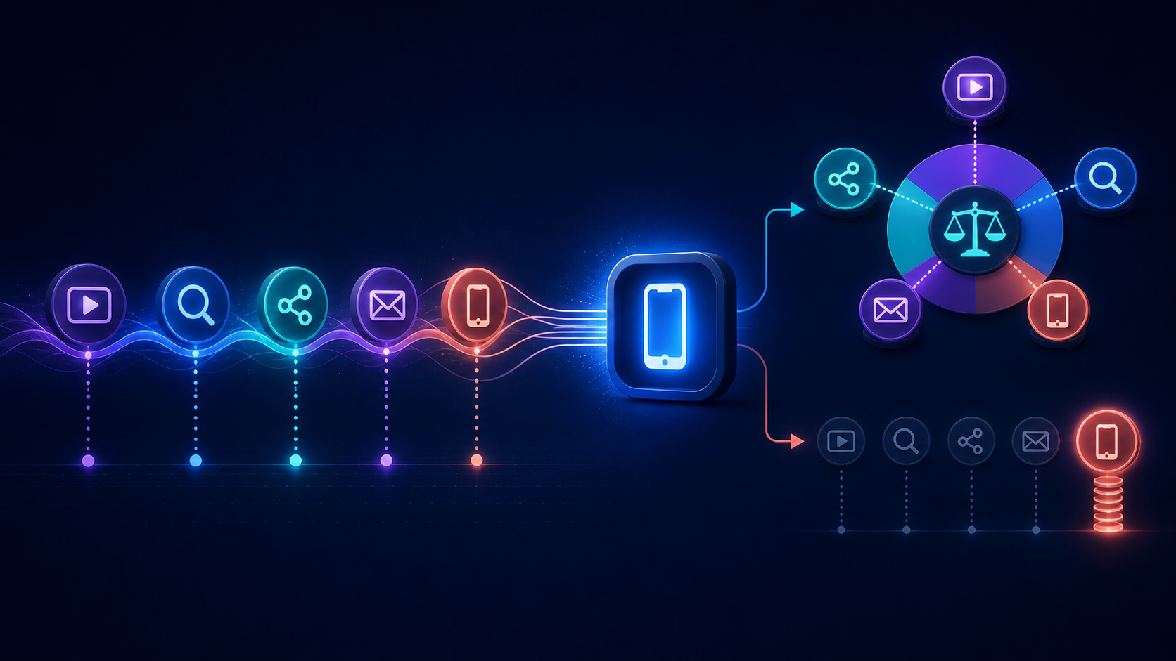 Multiple marketing touchpoints flowing into one mobile conversion and a balanced budget decision