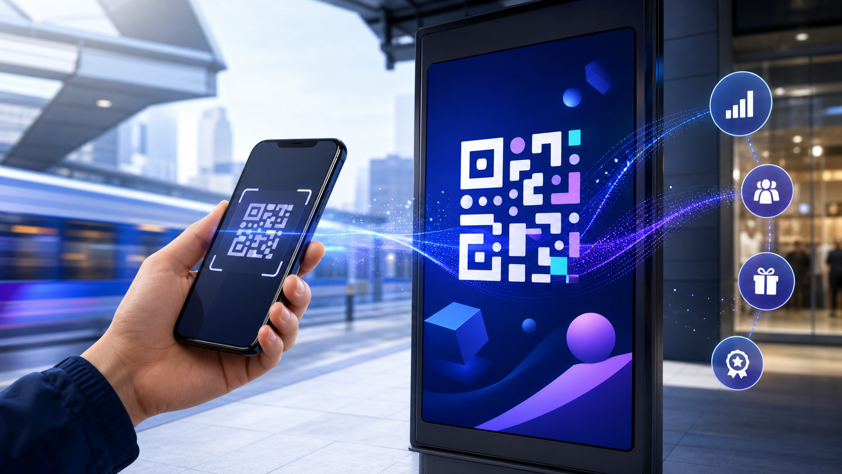 A smartphone scanning a QR code ad in a modern transit setting