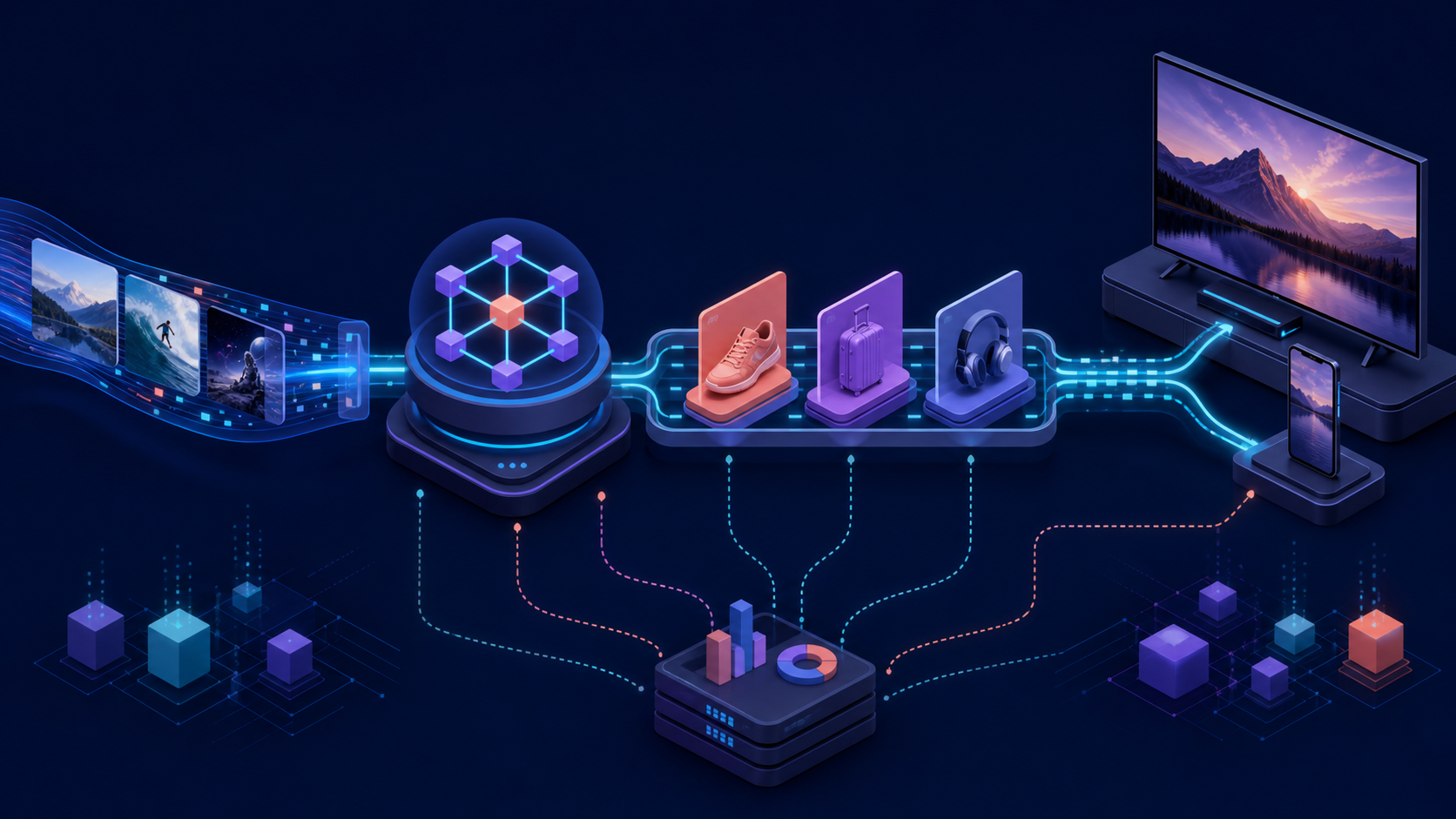 Streaming content and ad cards flow through orchestration to connected devices and analytics