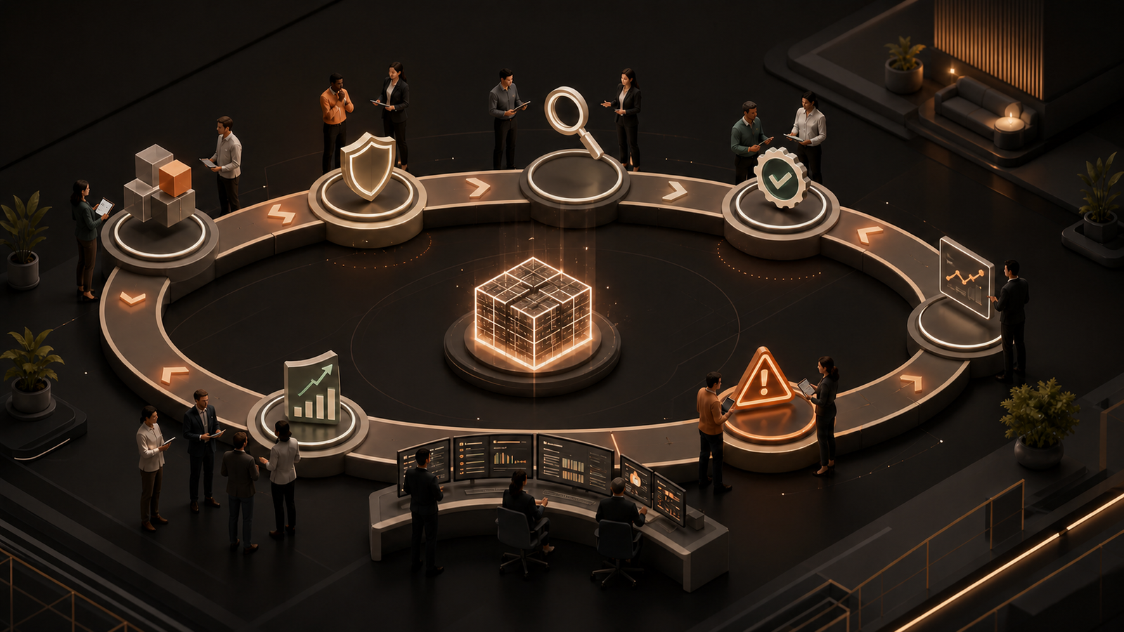 Cross-functional teams moving an AI use case through inventory, risk tiers, testing, approval, monitoring, and improvement