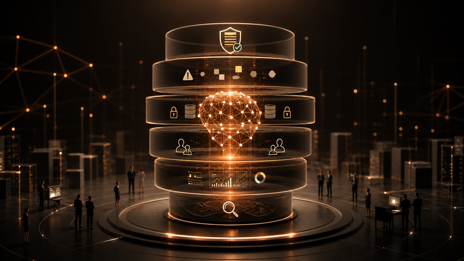 Abstract AI system surrounded by layered governance, risk, data, and human oversight controls