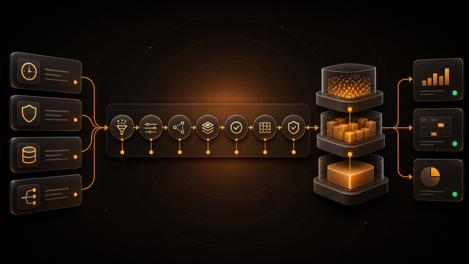 Decision path from business requirements through governed warehouse layers to analytics