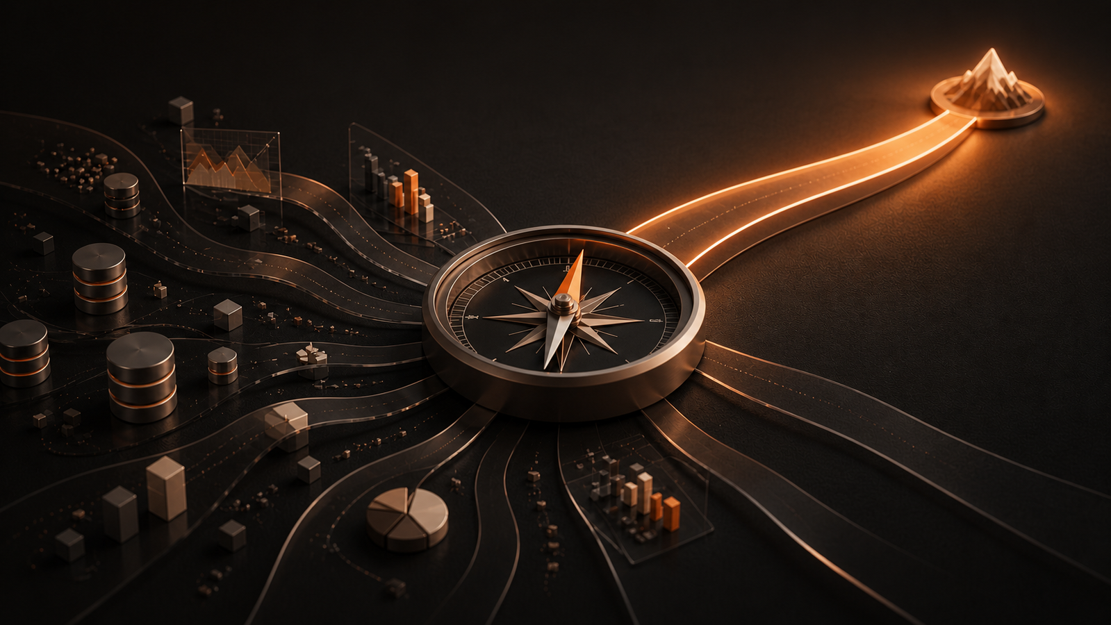 A compass over connected data paths leading toward a clear business outcome