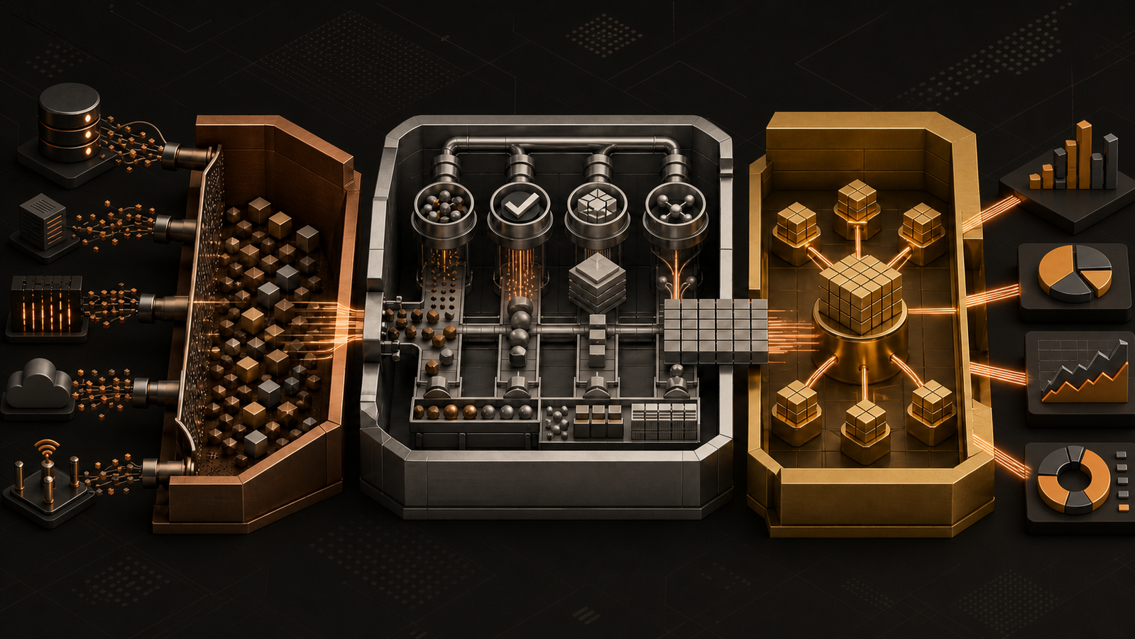 Raw records moving through validation into a dashboard-ready data model