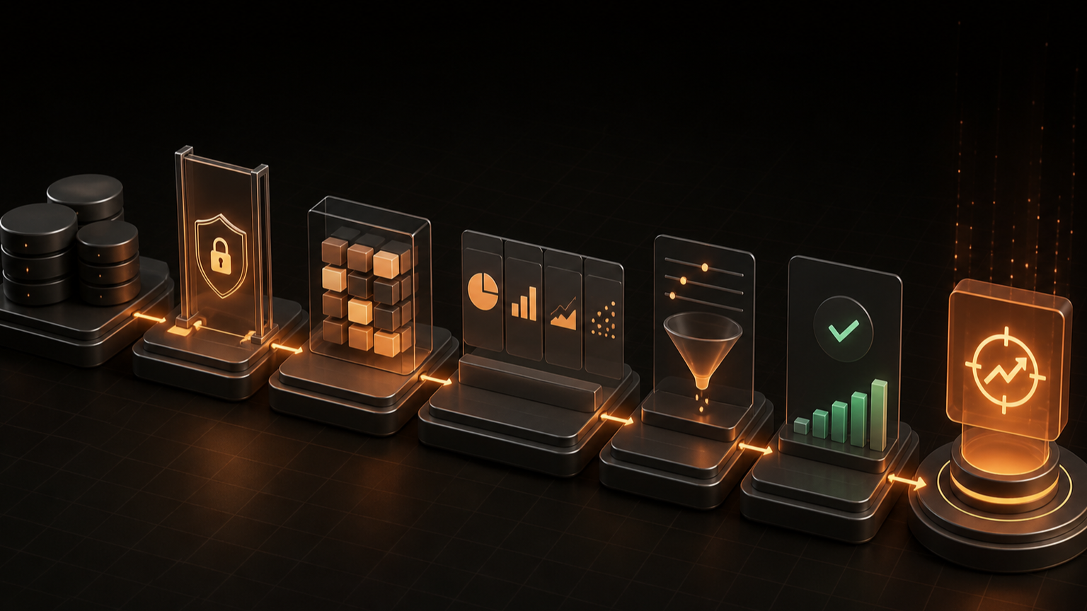 Layered dashboard blueprint moving from data questions to KPIs, charts, filters, and a decision