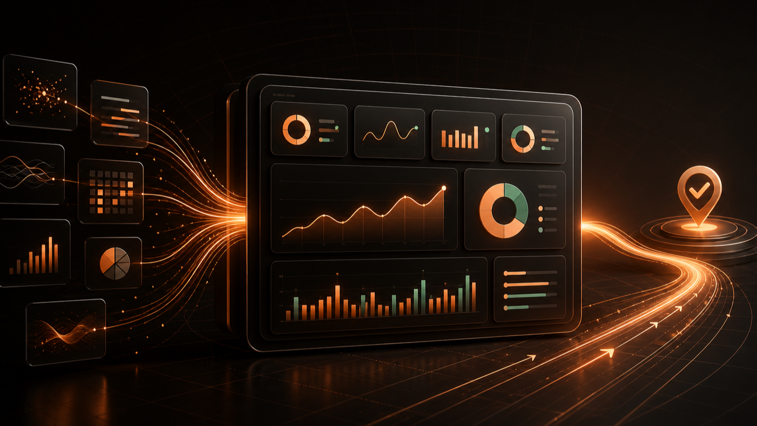 Dark business analytics workspace with connected metrics, charts, and a glowing decision path