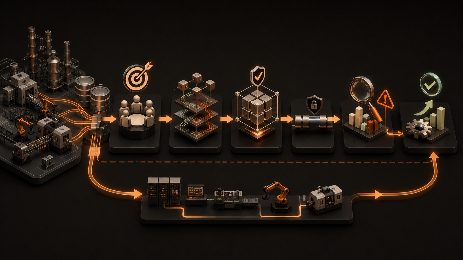 A decision-first manufacturing BI workflow connecting plant systems to trusted metrics and actions