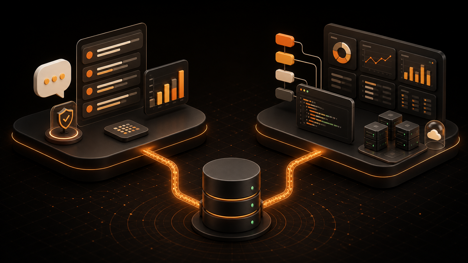 A live database branches into conversational and self-hosted analytics workspaces