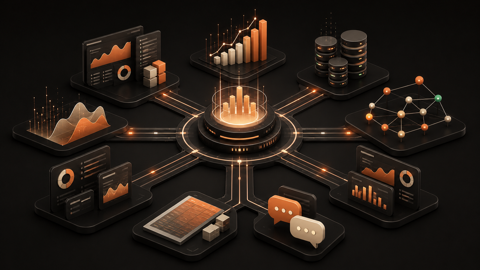 A decision team comparing business intelligence platforms around a shared data model