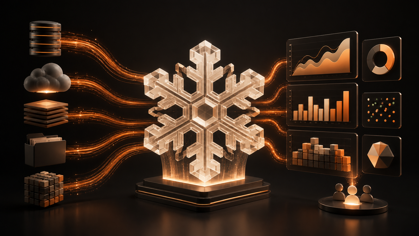 A layered Snowflake reporting system connecting governed data to dashboards and business decisions