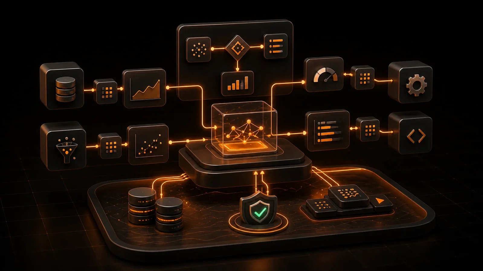 Abstract illustration of connected blocks and nodes representing Agent Bricks AI orchestration on Databricks