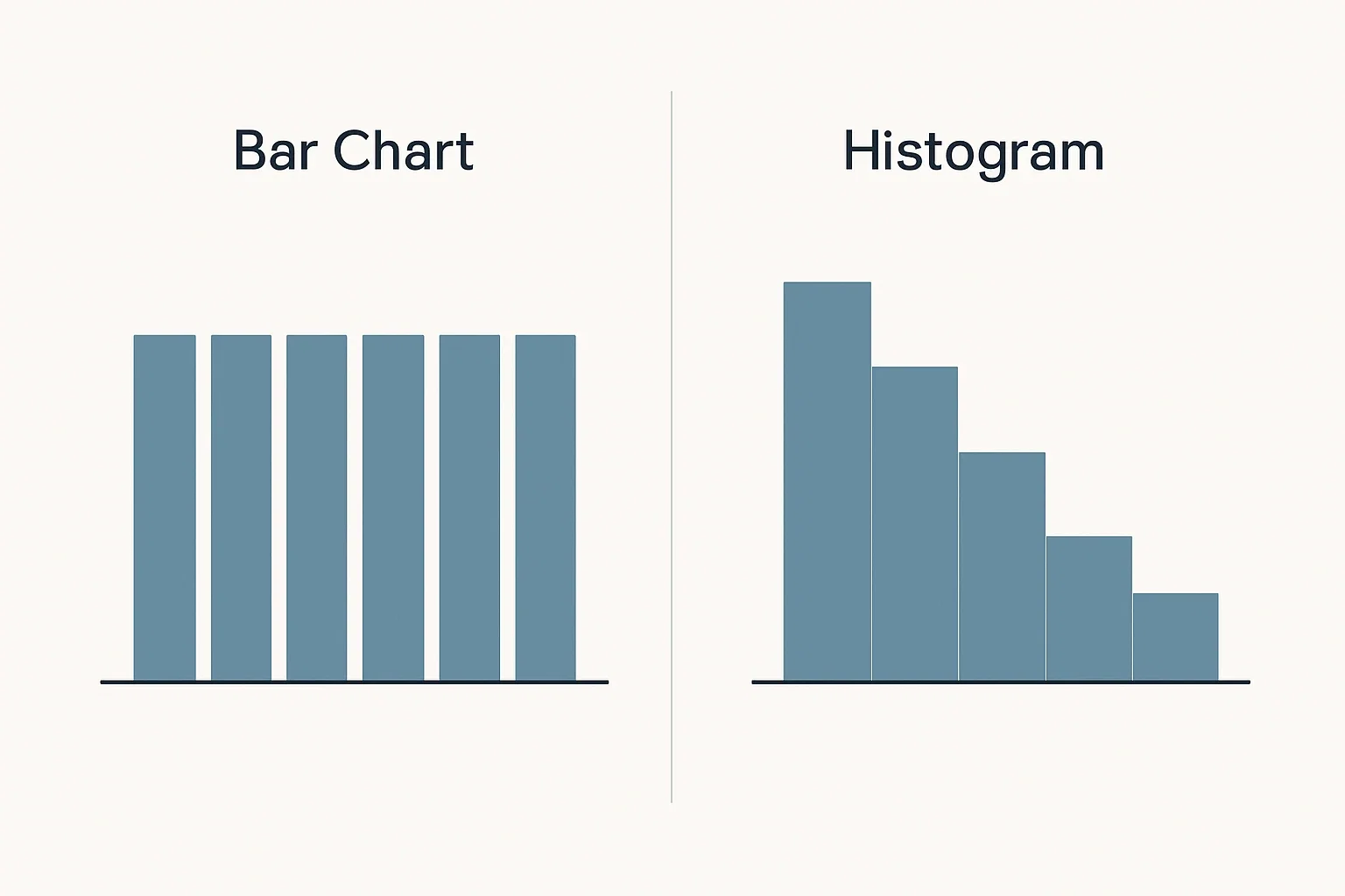 Split-screen comparison of bar graph vs histogram visualizing identical deal size data, demonstrating how bar graph appears uniform while histogram reveals right-skewed distribution