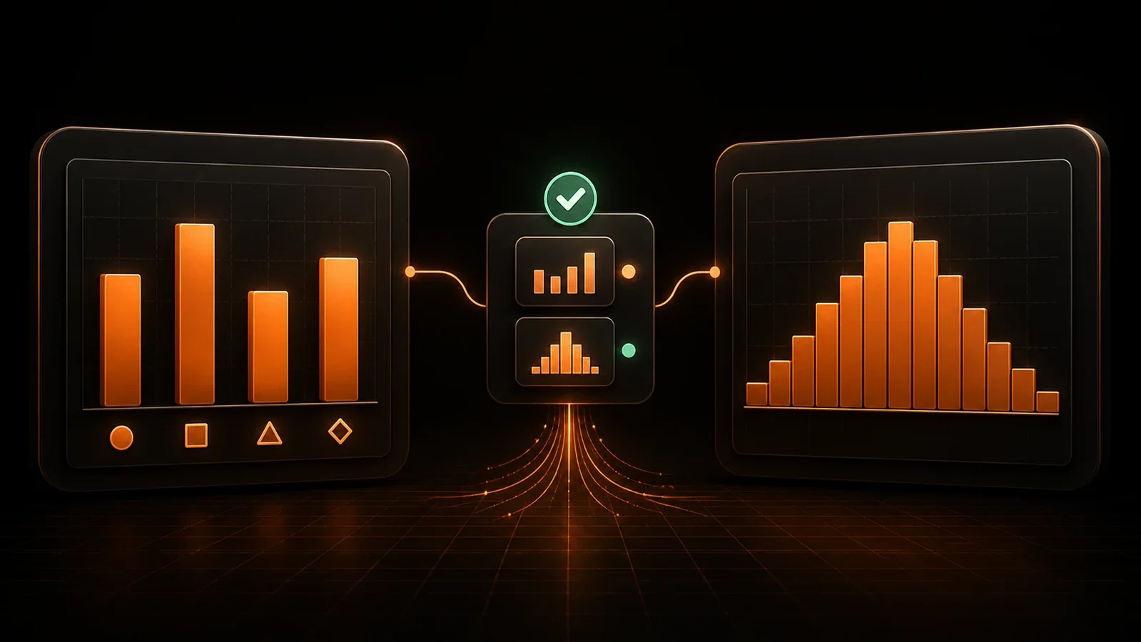Bar graph versus histogram comparison showing categorical bars on the left and a continuous distribution histogram on the right