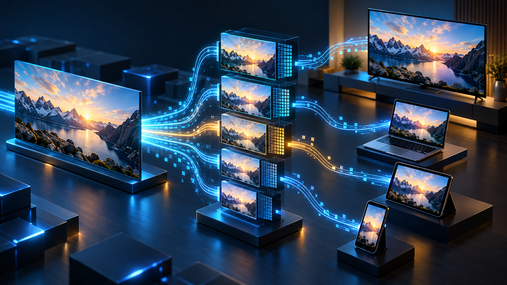 A master video flowing through an adaptive bitrate ladder to televisions and personal devices