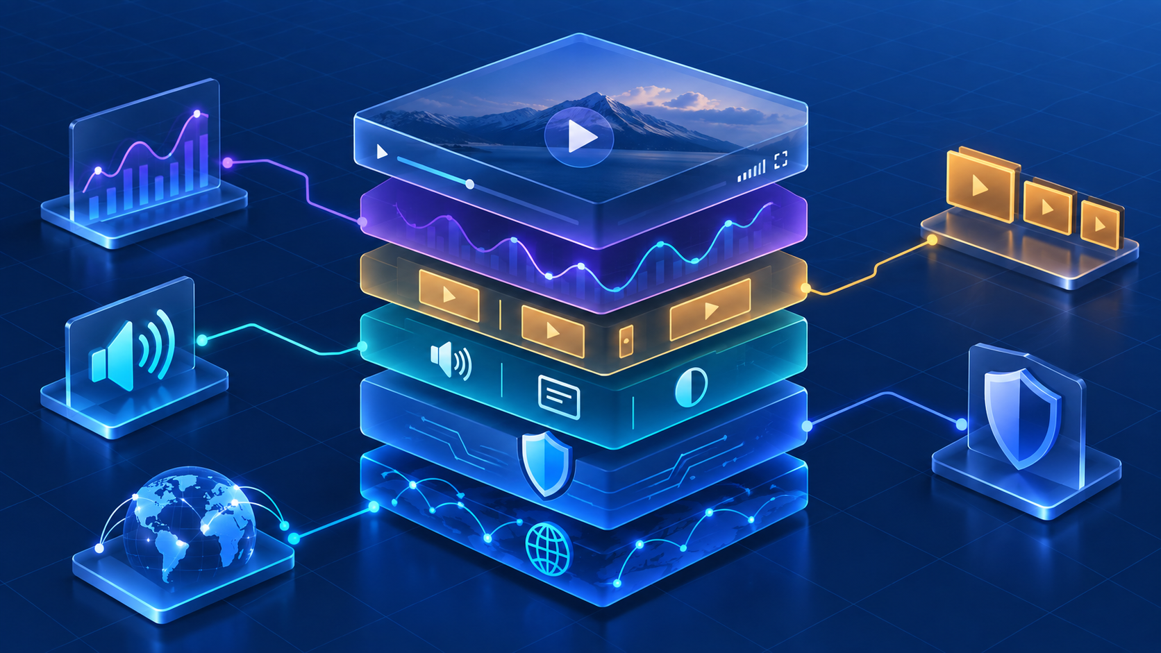 A layered live player solution stack connecting protocol, security, accessibility, analytics, and monetization