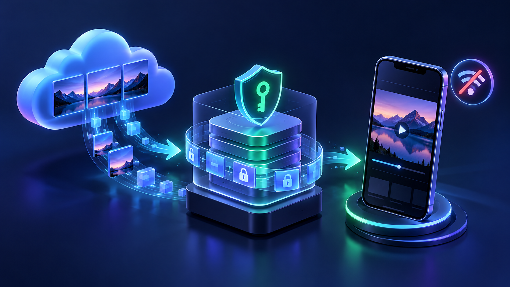 Encrypted media moves from the cloud through secure storage to offline playback