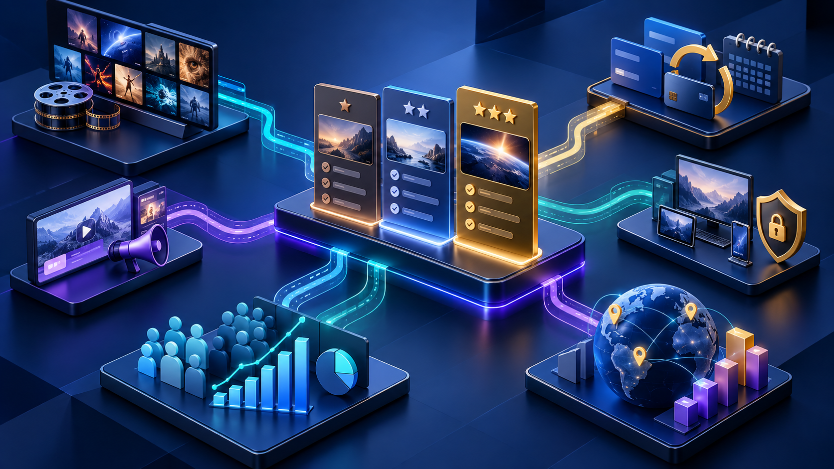 Plan tiers linked to catalog, billing, devices, audience analytics, and regional operations
