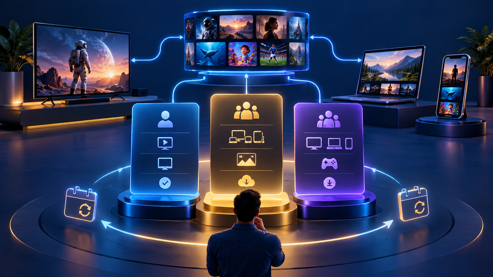 Three OTT subscription plan tiers connected to a multi-device streaming catalog