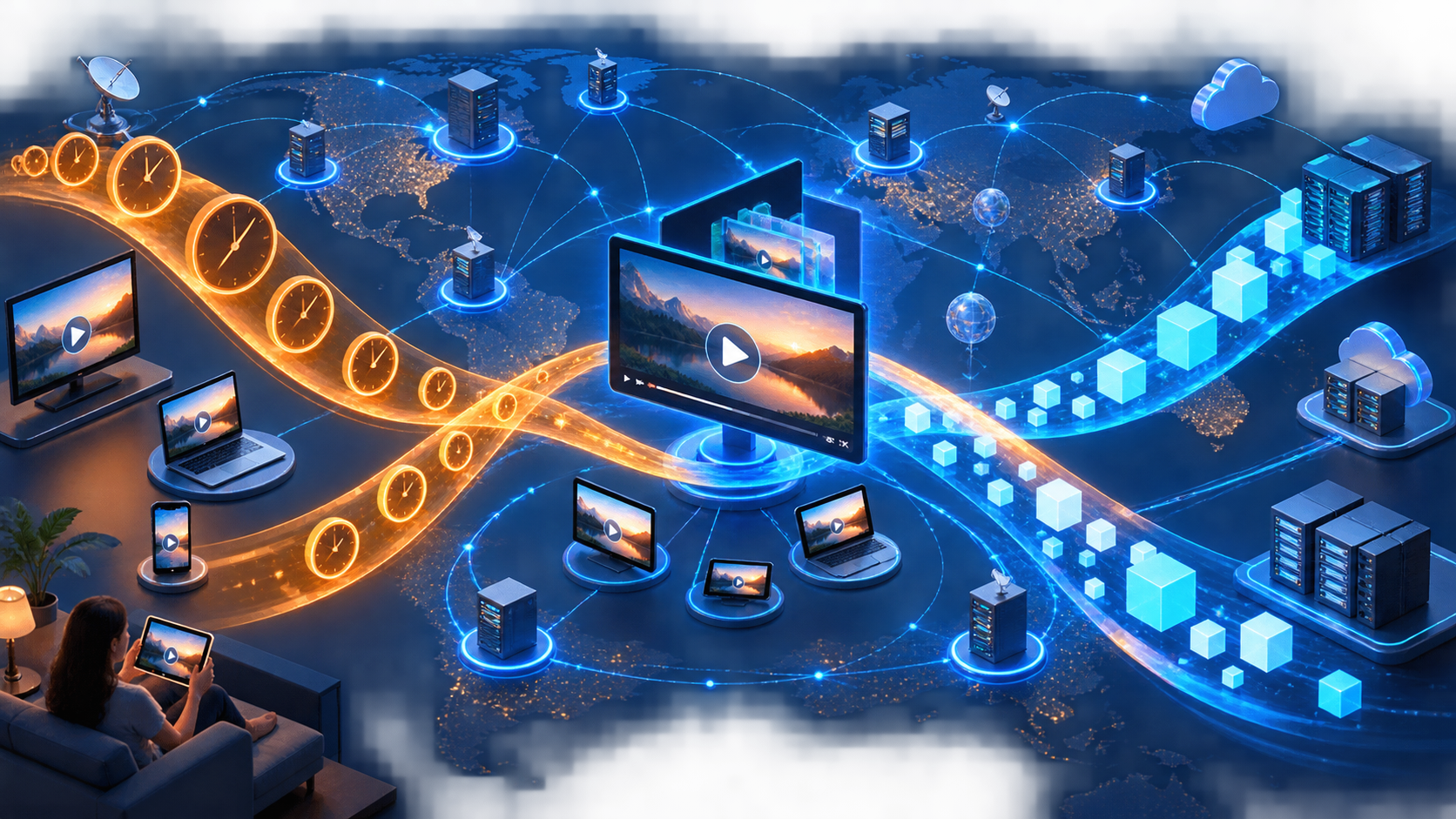 Per-minute video billing and per-GB delivery models plotted across a global streaming network