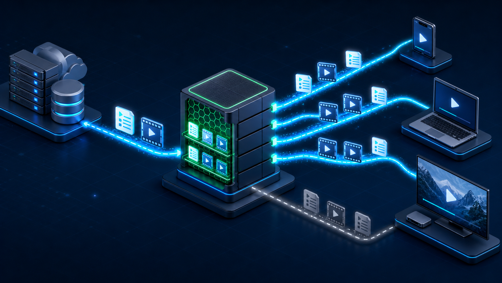 An edge cache serving playlists and media segments over independent HTTP3 streams with fallback