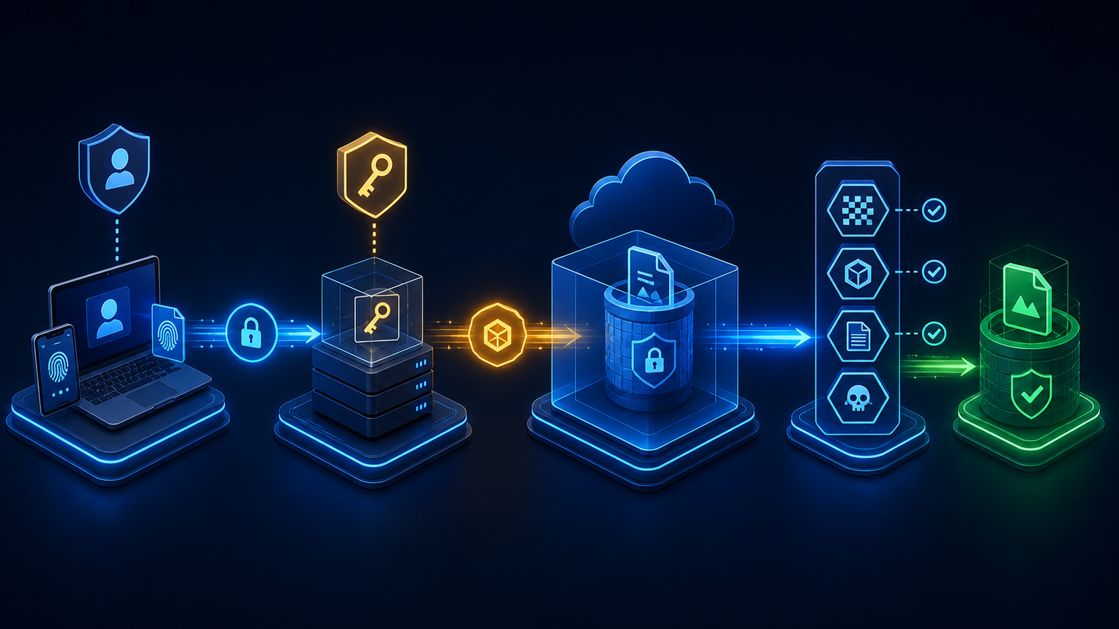 A secure presigned upload flow validates identity, policy, file content, and final object state