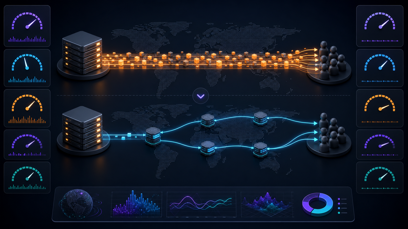 CDN test dashboard compares edge latency, cache hits, origin load, and errors
