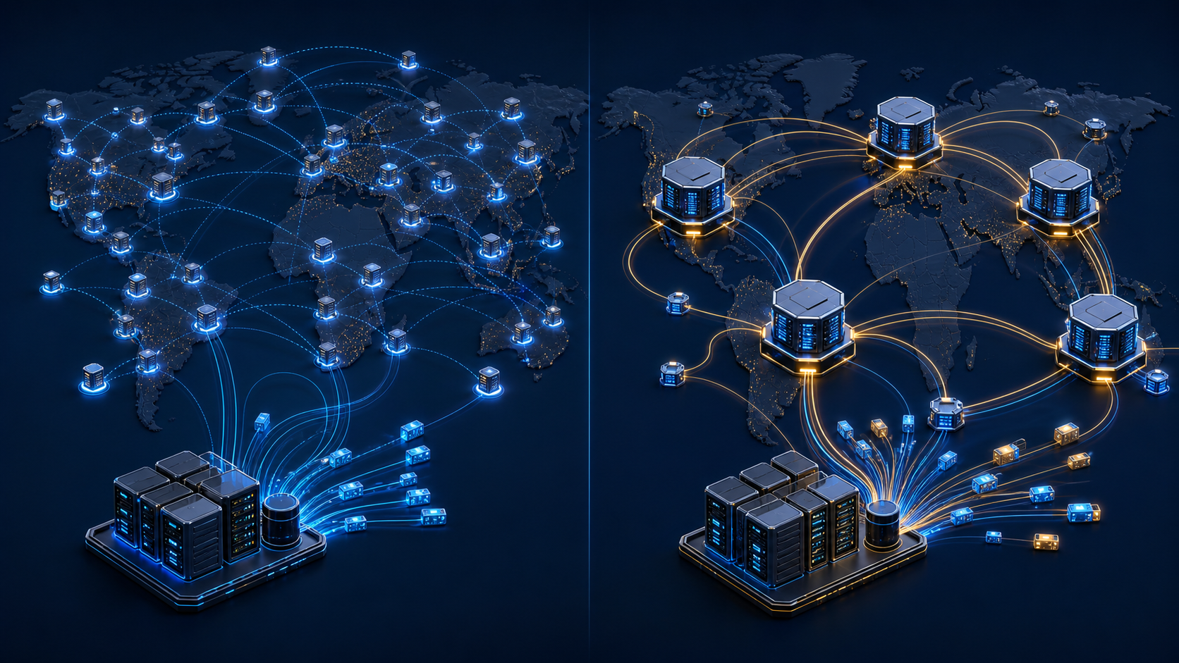 Two global CDN architectures compared across a world map