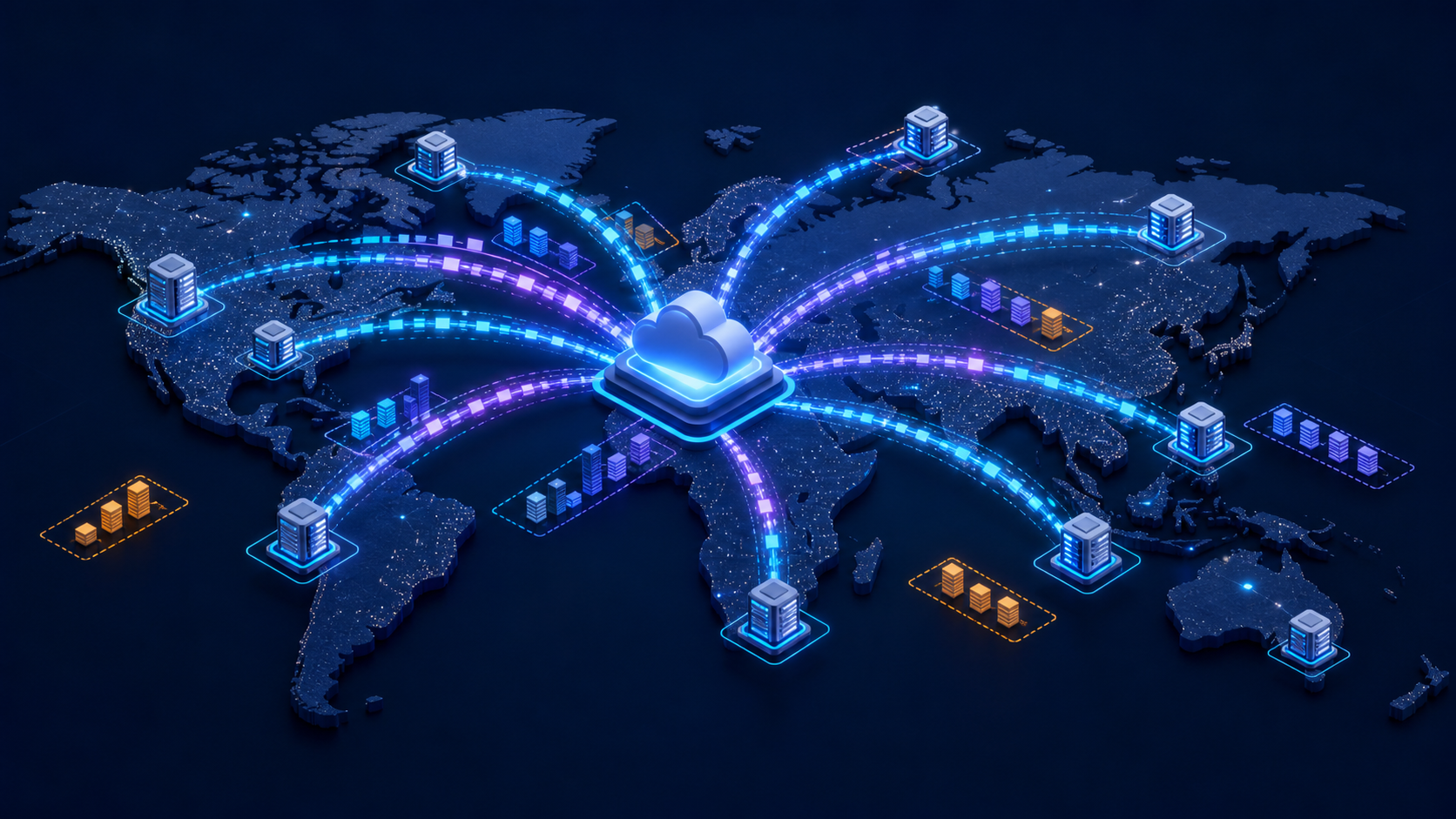 Global CDN traffic paths with regional price meters around a cloud origin