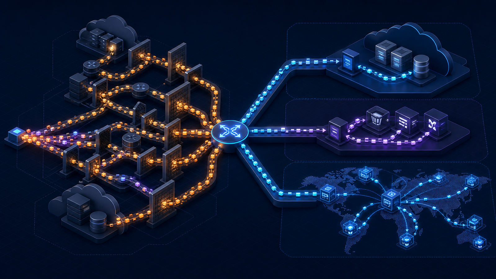 Tangled transfer paths redesigned into private routes, service endpoints, and edge caching