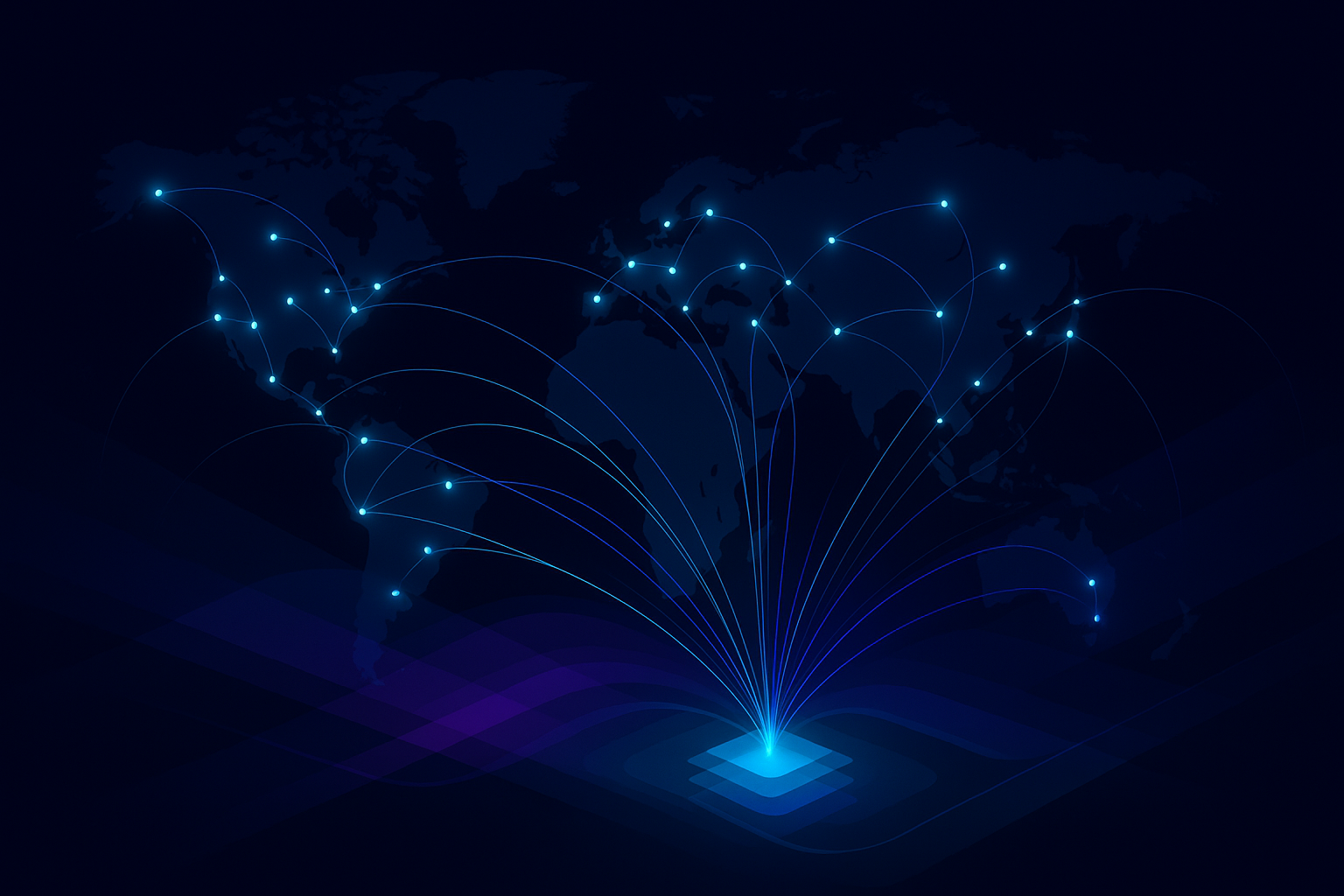 Global network edge nodes connected by flowing data streams on dark background representing CDN for video delivery infrastructure