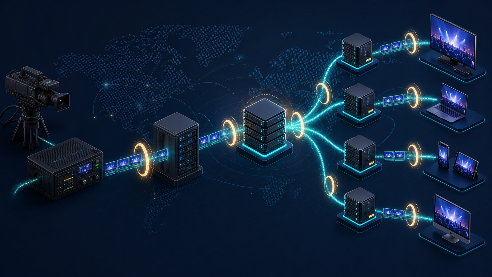 Layered live-stream delivery path showing latency checkpoints, an origin shield, and synchronized edge caches