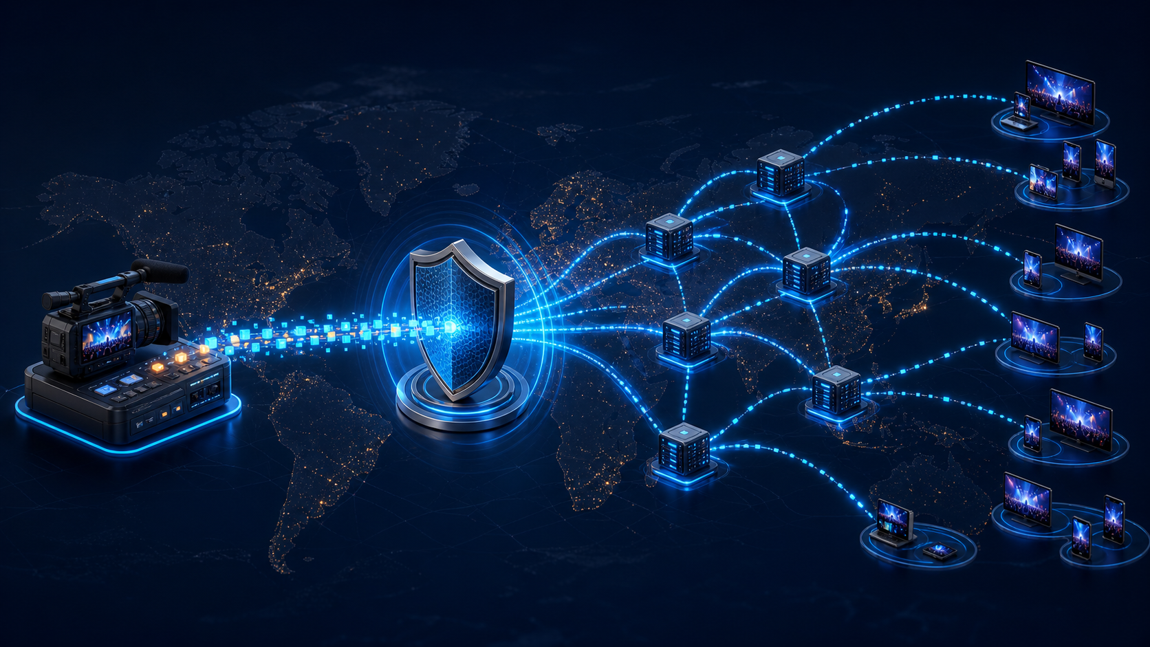 Live video segments moving from an origin through edge nodes to viewers worldwide