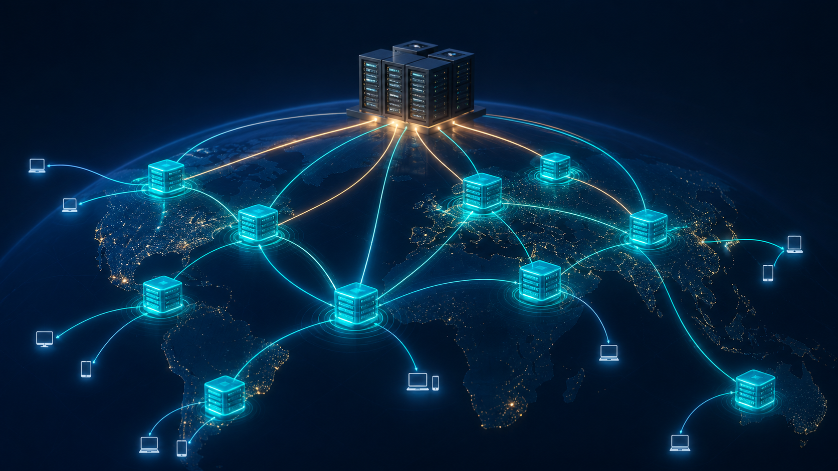 Requests flowing through distributed edge caches before reaching an origin