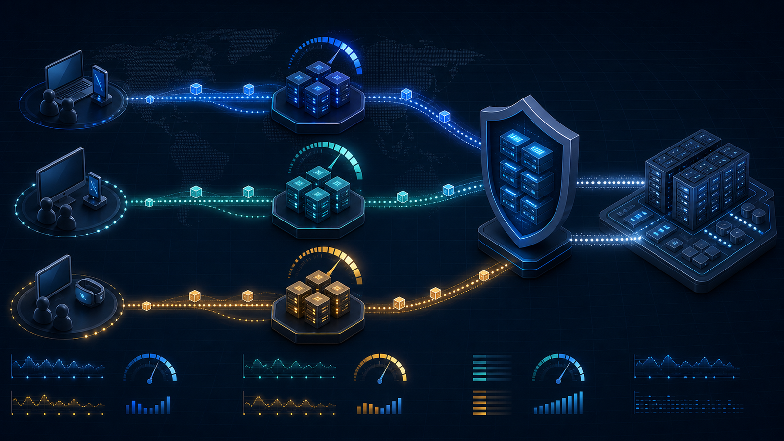 Engineering scorecard comparing edge routing, cache hits, origin paths, and regional cost