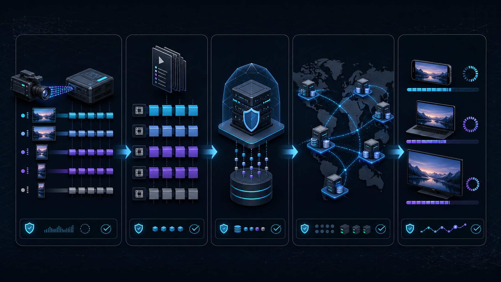Aligned HLS renditions flowing through playlists, edge caches, and adaptive players