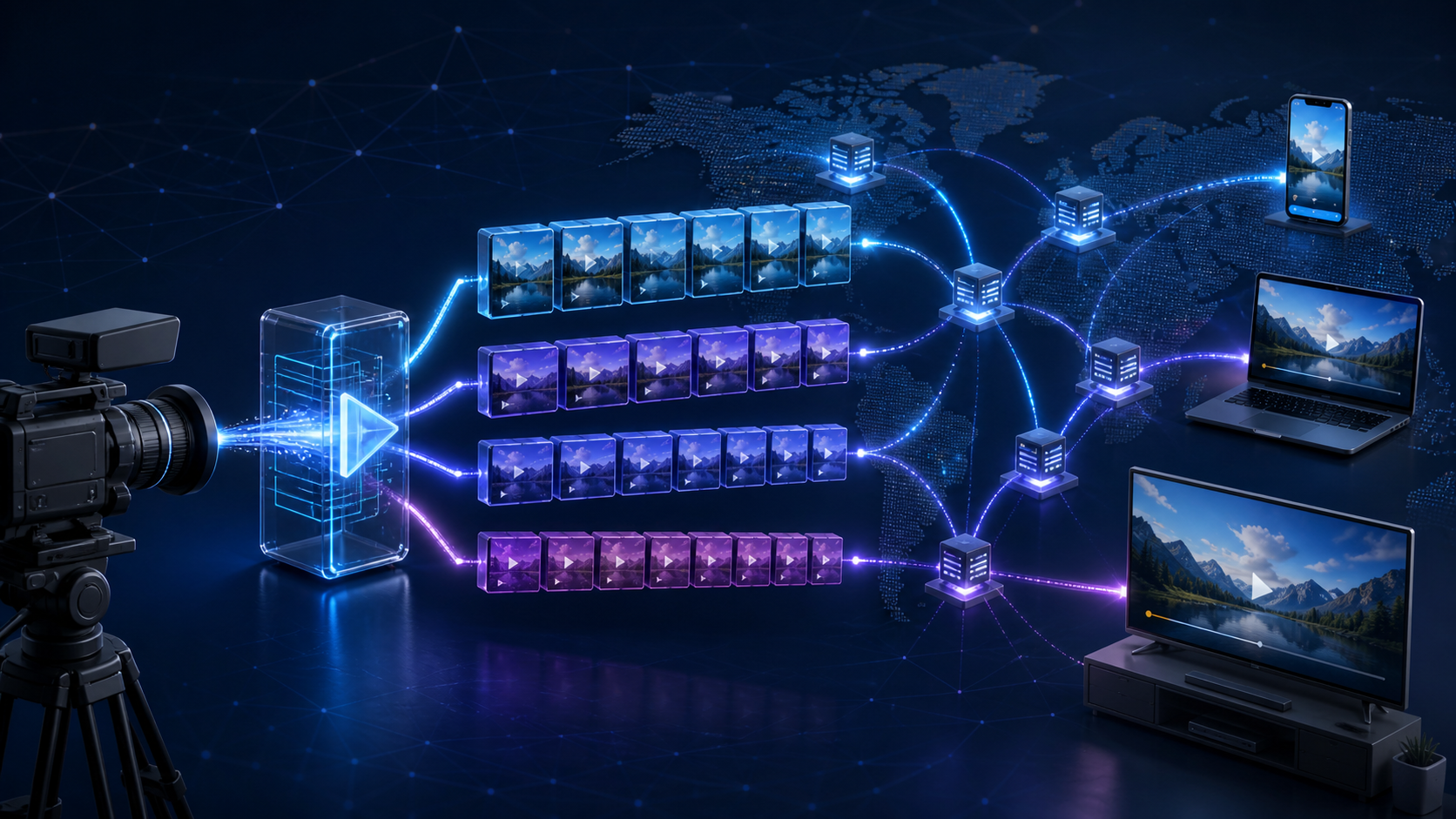 HLS streaming workflow from video source through renditions and edge delivery