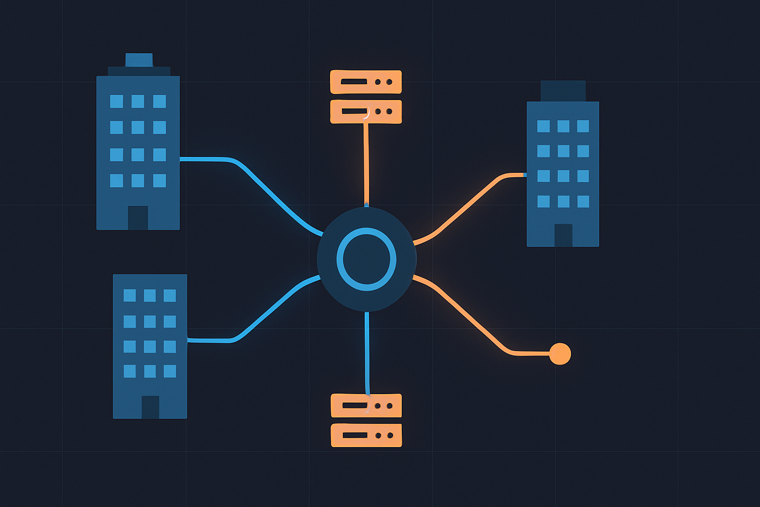 Metropolitan area network diagram: city buildings and data centers linked by fiber to a central hub