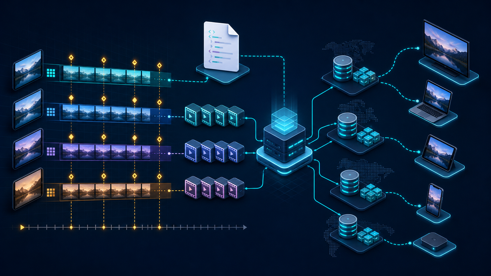 A DASH deployment blueprint connecting aligned renditions, an MPD, CMAF segments, cache layers, and players