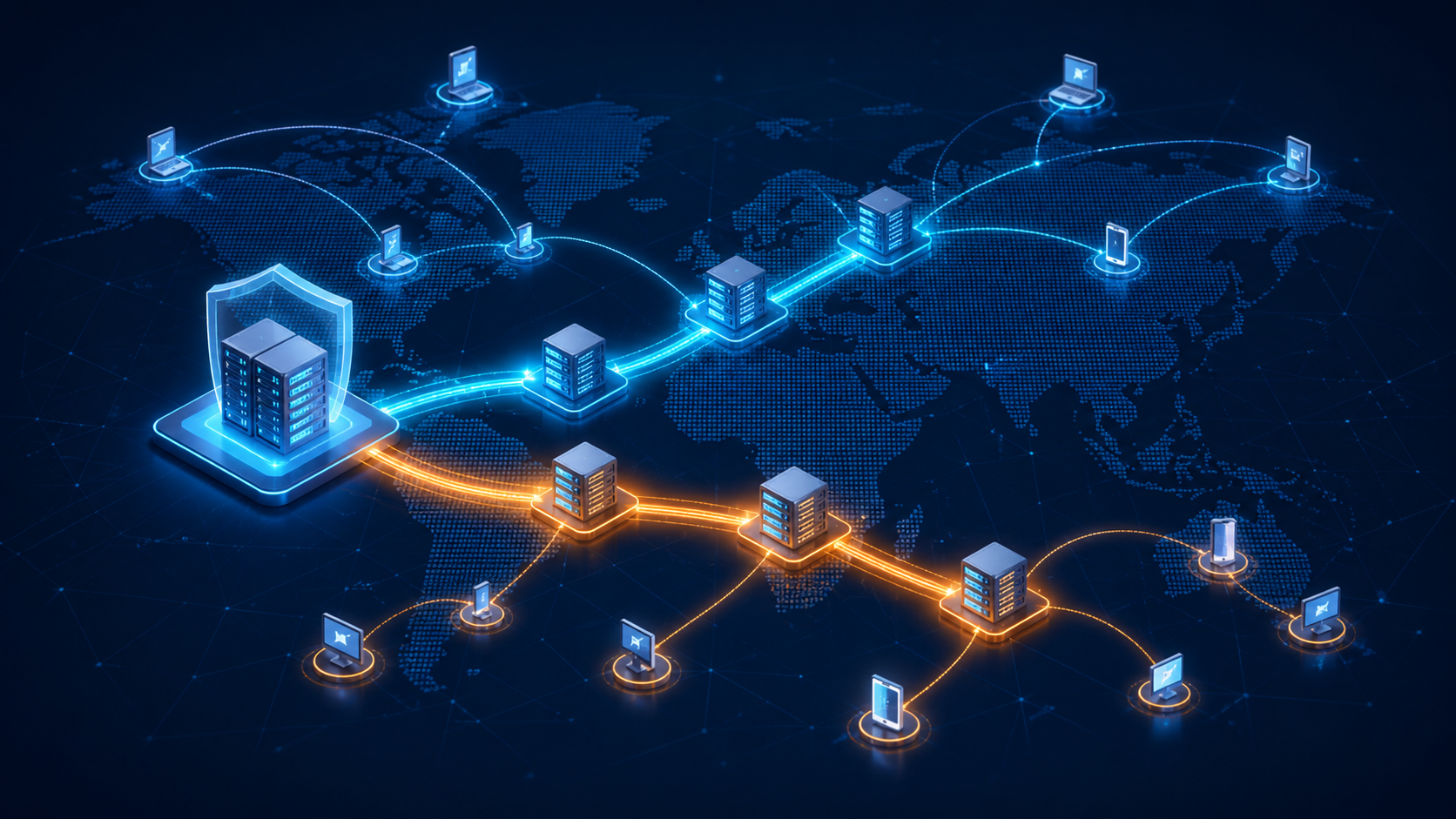 Two independent CDN paths carrying media traffic from one origin to users worldwide