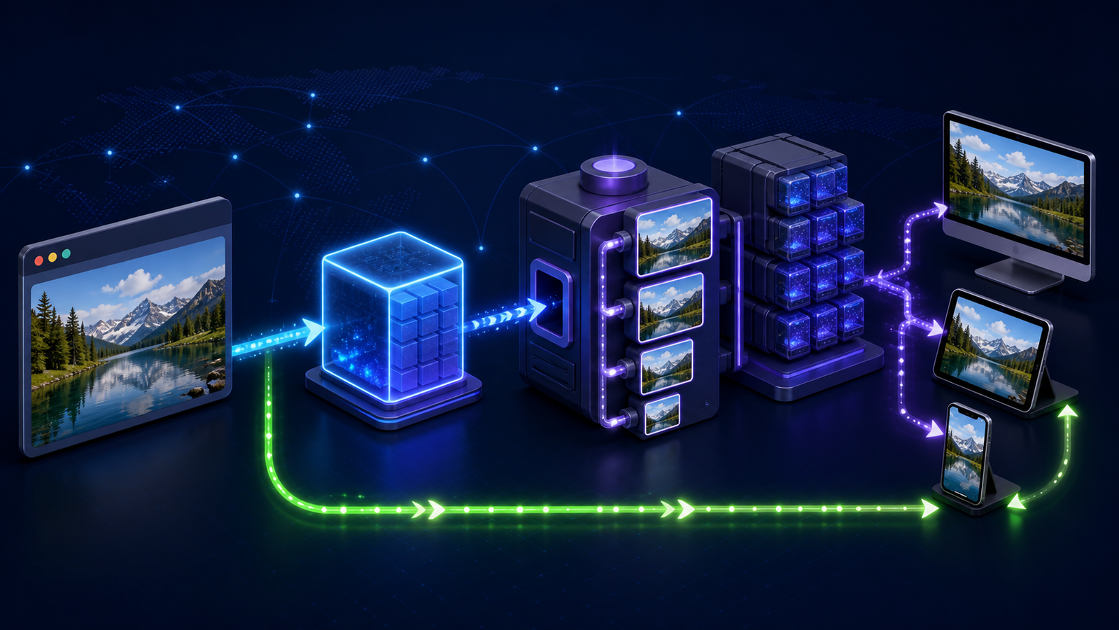 A picture delivery request moving through cache lookup, controlled transformation, and versioned storage