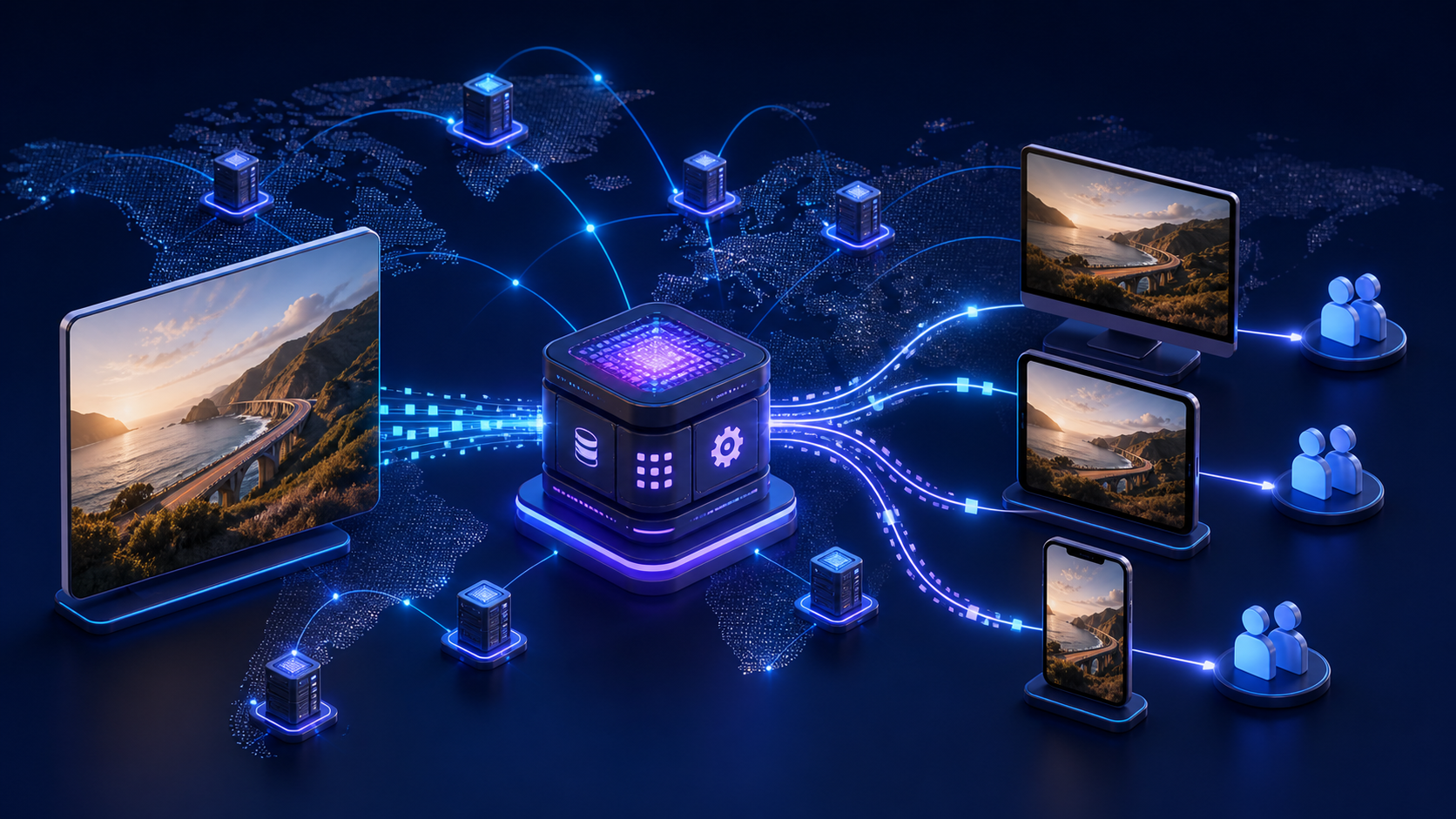 A source photo becoming device-sized image variants and flowing through a global edge network