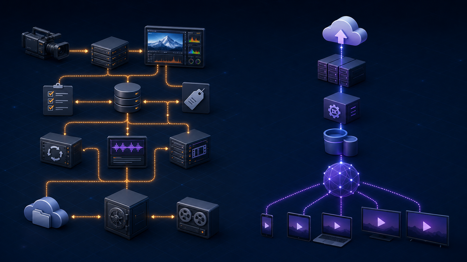 Complex broadcast orchestration compared with a streamlined cloud encoding and delivery path