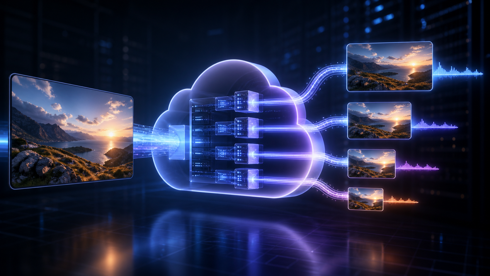 A video source flowing through cloud processing into an adaptive bitrate ladder