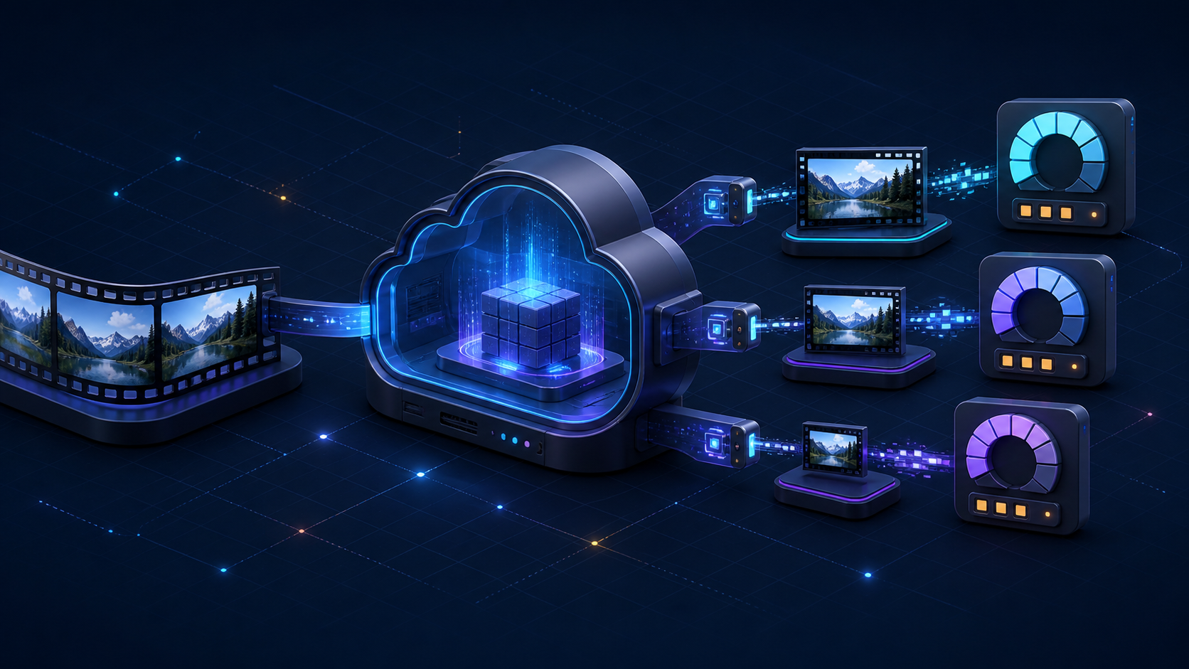 Cloud video outputs flowing through a meter that counts rendition minutes