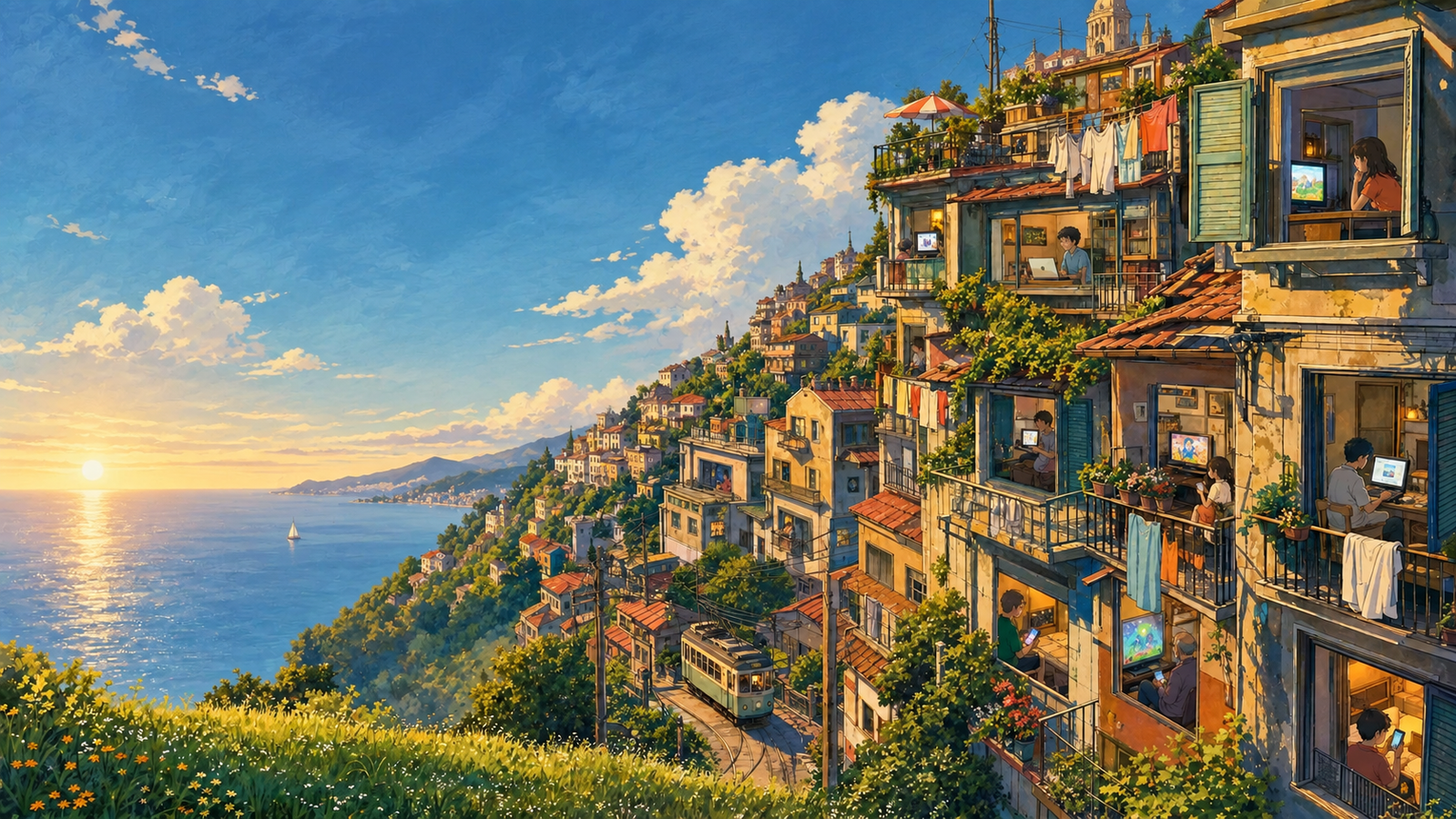 A painted hillside town by the sea at sunset. Through its open windows and balconies, people are watching videos on TVs, laptops, tablets, and phones.