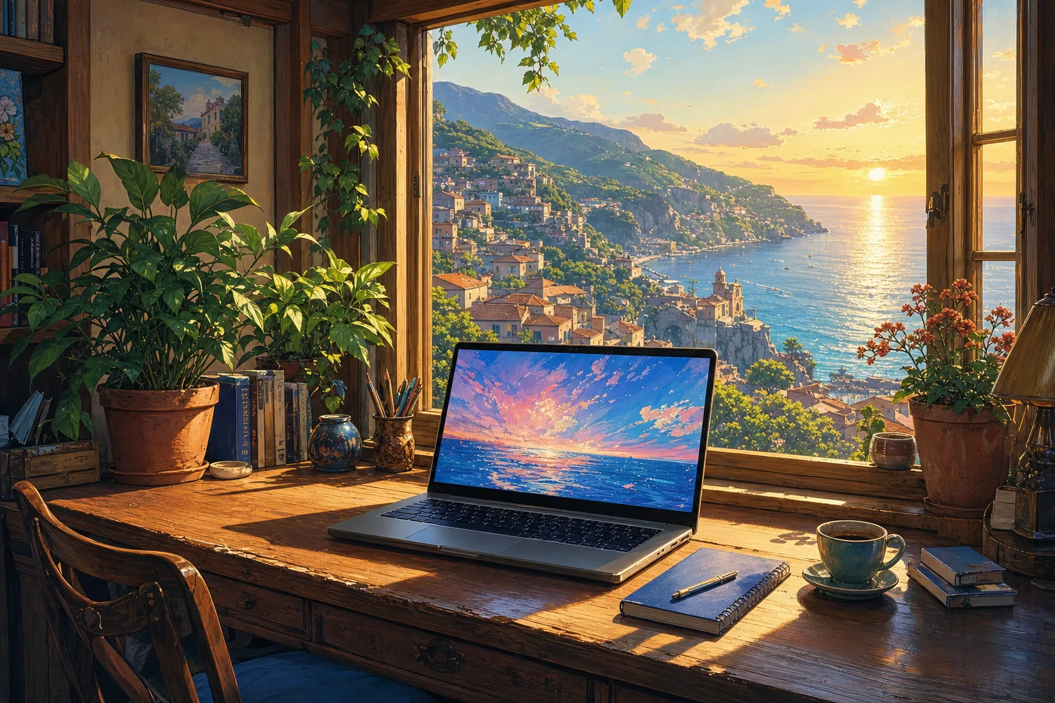 A sunlit study in the hillside town. On the desk, a laptop plays a seaside film on a clean web page, and the open window behind it looks out over the town and the sea.